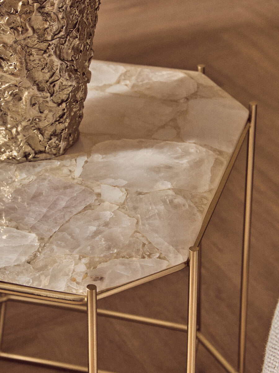 Orsina Jaipur White Quartz Side Table – Octagonal Stone & Metal Base