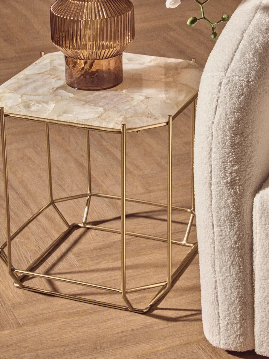 Orsina Jaipur White Quartz Side Table – Octagonal Stone & Metal Base