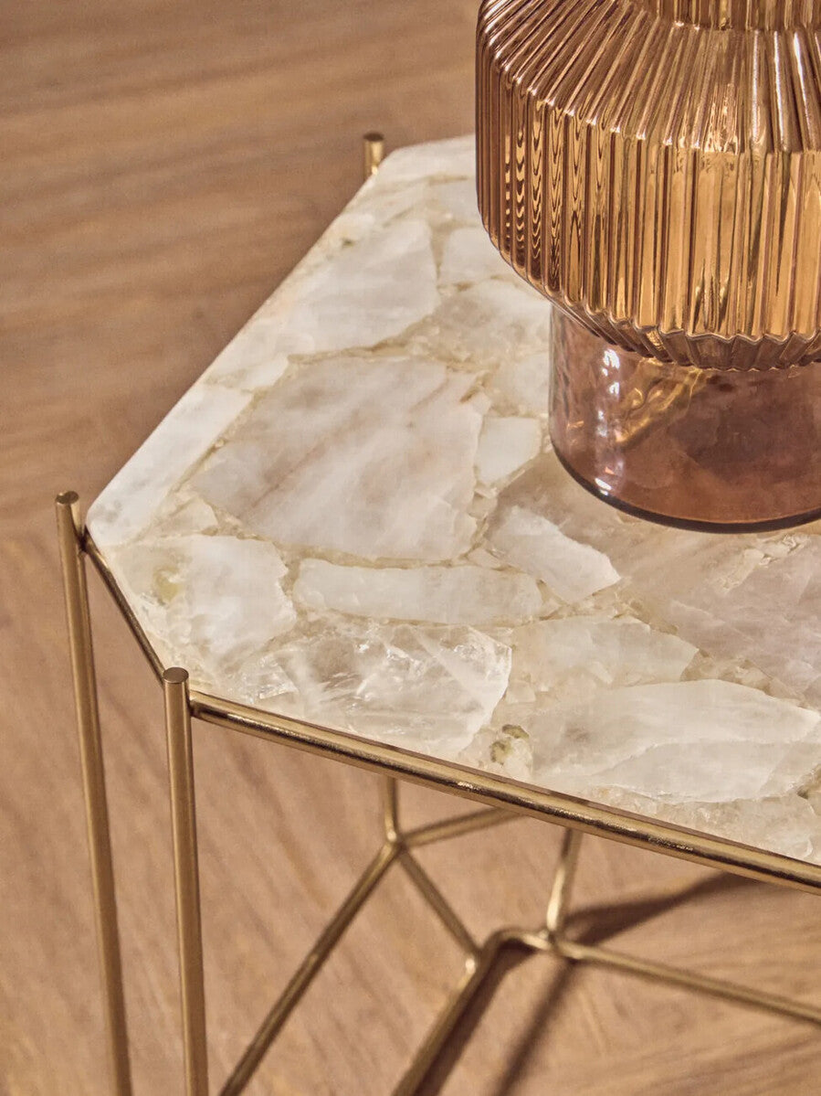 Orsina Jaipur White Quartz Side Table – Octagonal Stone & Metal Base