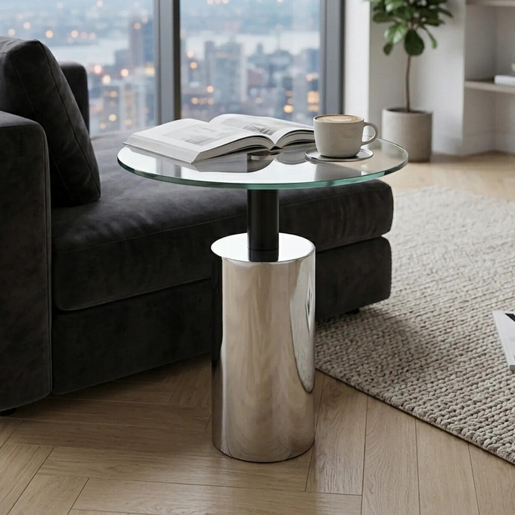 Orsina Oria Glass Side Table – Silver Steel Base with Black Column