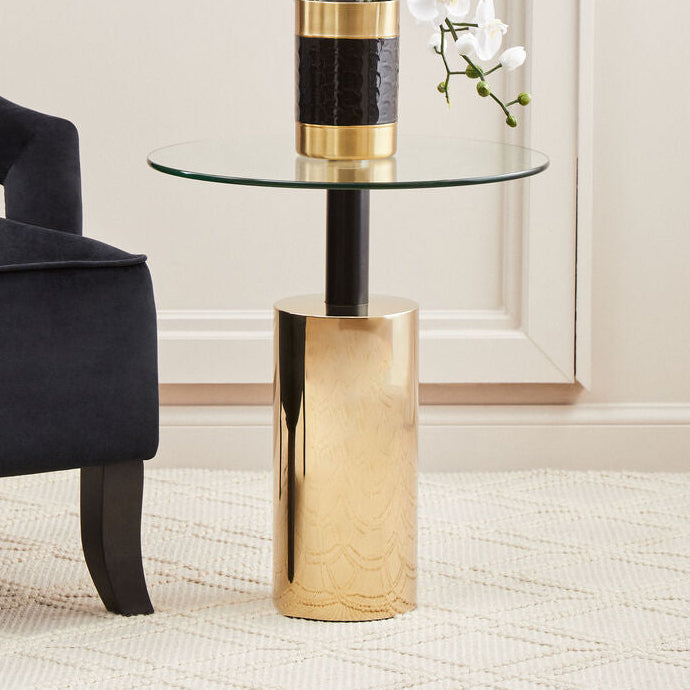 Orsina Oria Glass Side Table – Round Gold Steel Base with Black Accent