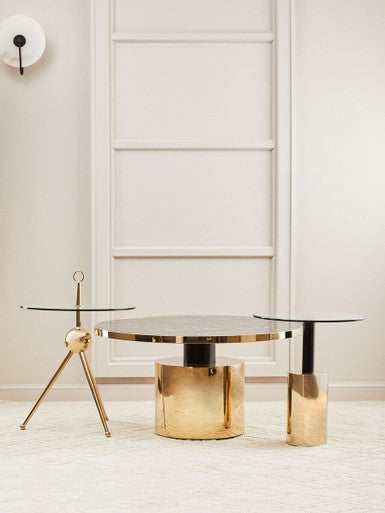 Orsina Oria Glass Side Table – Round Gold Steel Base with Black Accent