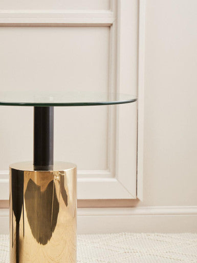 Orsina Oria Glass Side Table – Round Gold Steel Base with Black Accent