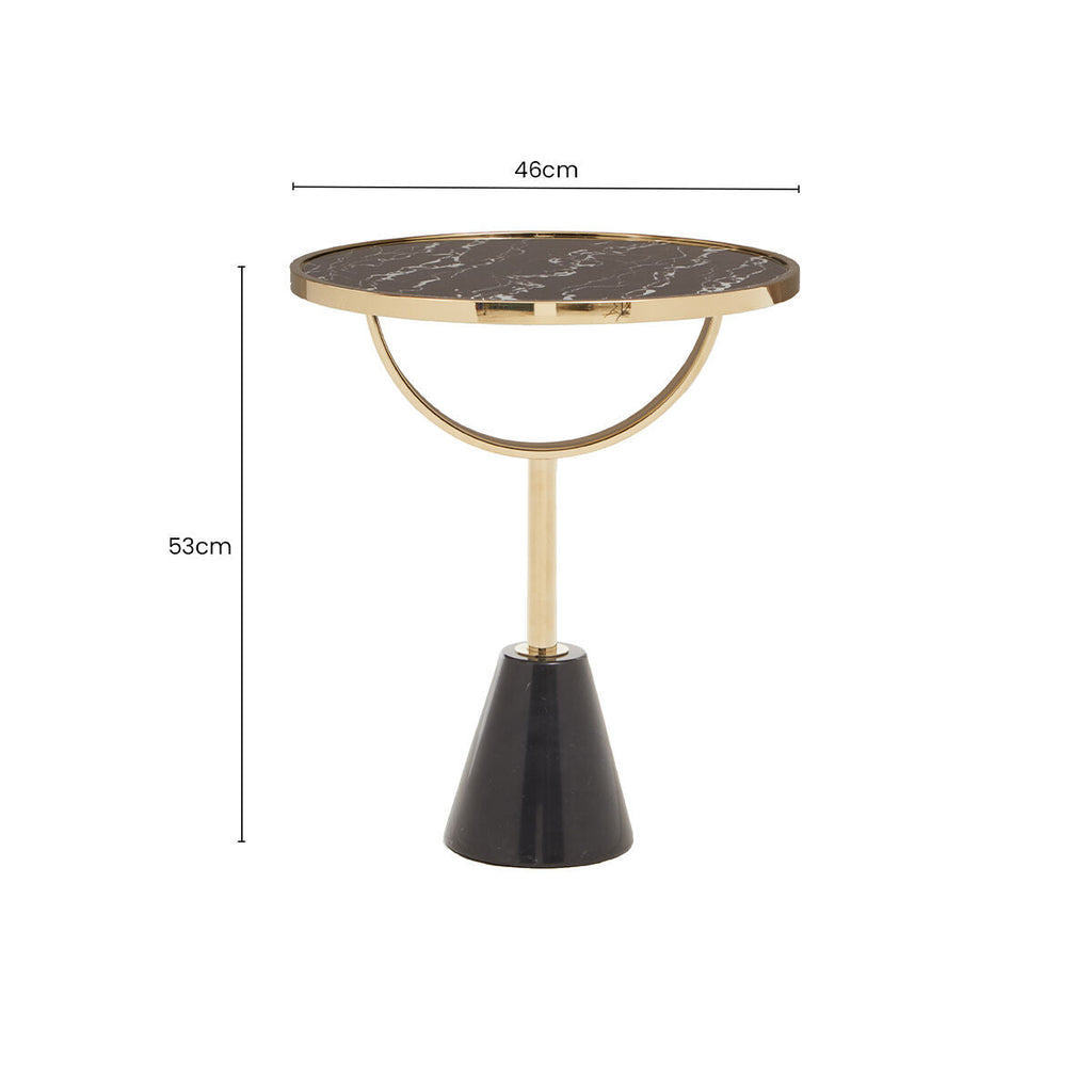 Orsina Oria Black Glass Side Table with Marble Base and Gold Metal