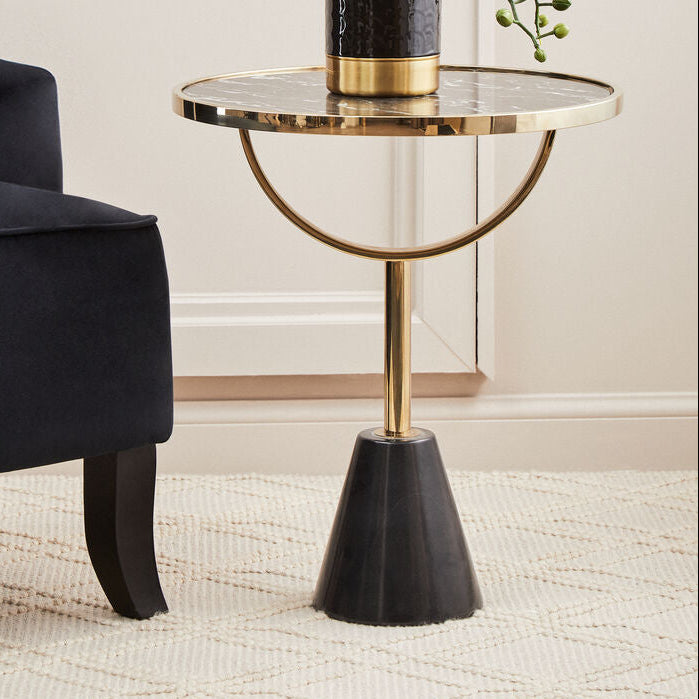 Orsina Oria Black Glass Side Table with Marble Base and Gold Metal