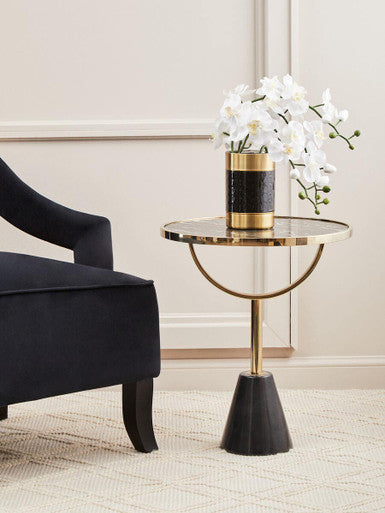 Orsina Oria Black Glass Side Table with Marble Base and Gold Metal
