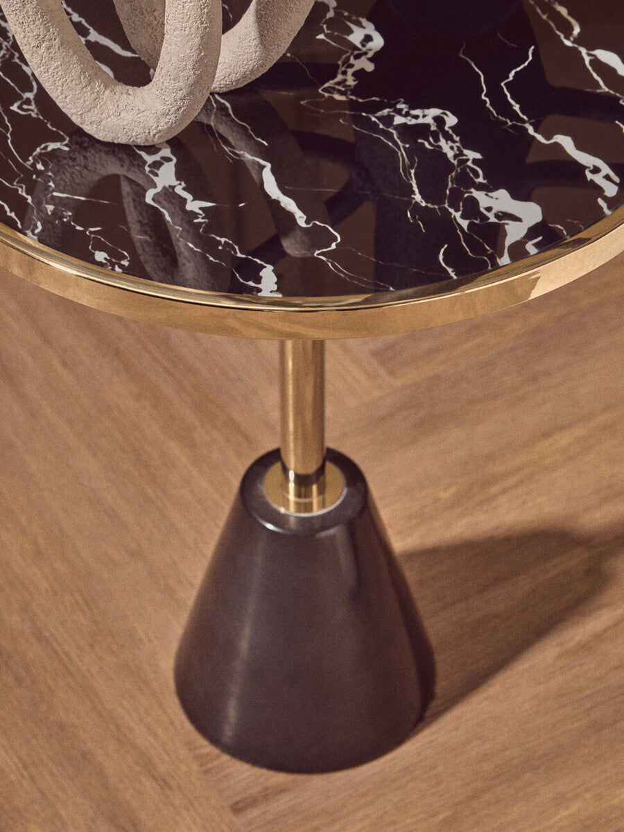 Orsina Oria Black Glass Side Table with Marble Base and Gold Metal