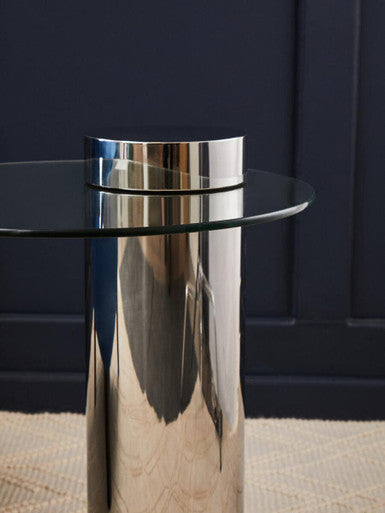 Orsina Oria Round Glass Side Table – Silver Stainless Steel Pedestal