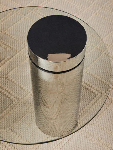 Orsina Oria Round Glass Side Table – Silver Stainless Steel Pedestal