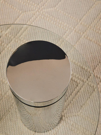 Orsina Oria Round Glass Side Table – Silver Stainless Steel Pedestal