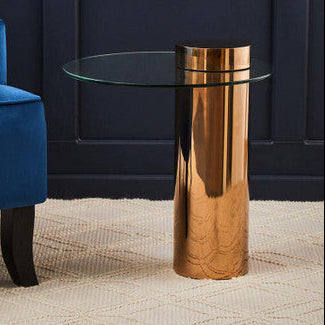 Orsina Oria Round Glass Side Table – Rose Gold Stainless Steel Base