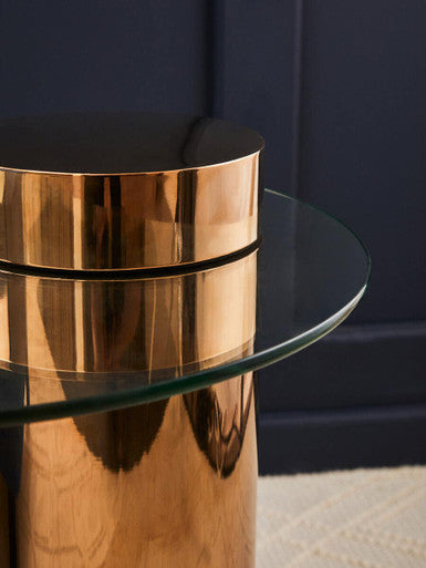 Orsina Oria Round Glass Side Table – Rose Gold Stainless Steel Base