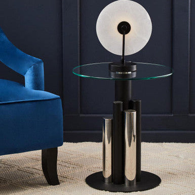Orsina Oria Glass Side Table – Modern Black and Silver Sculptural Base