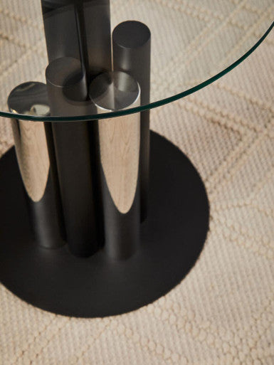 Orsina Oria Glass Side Table – Modern Black and Silver Sculptural Base