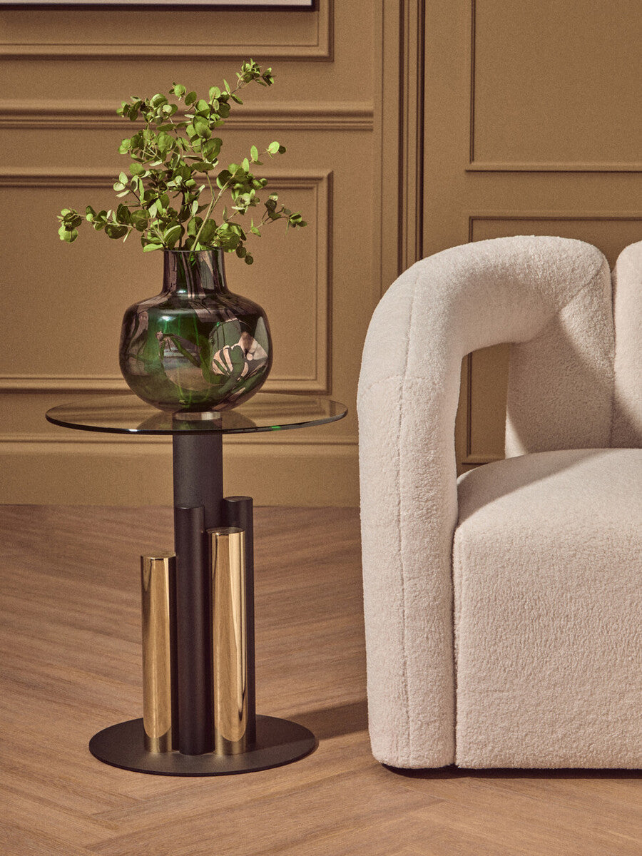 Orsina Oria Glass Side Table – Modern Gold and Black Sculptural Base