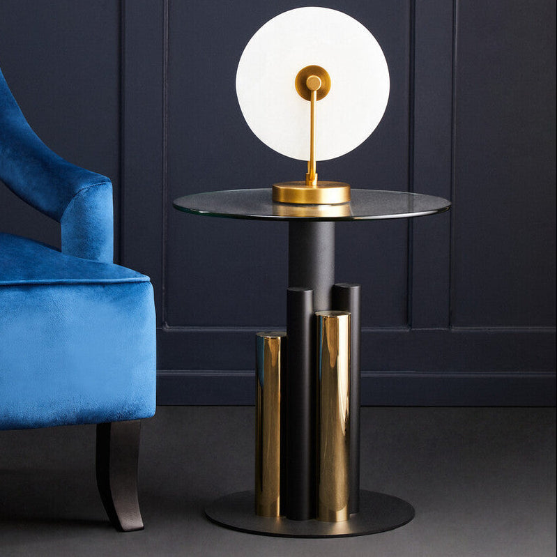 Orsina Oria Glass Side Table – Modern Gold and Black Sculptural Base