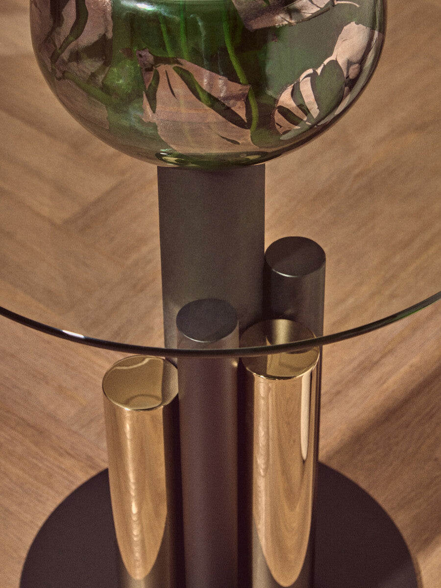 Orsina Oria Glass Side Table – Modern Gold and Black Sculptural Base