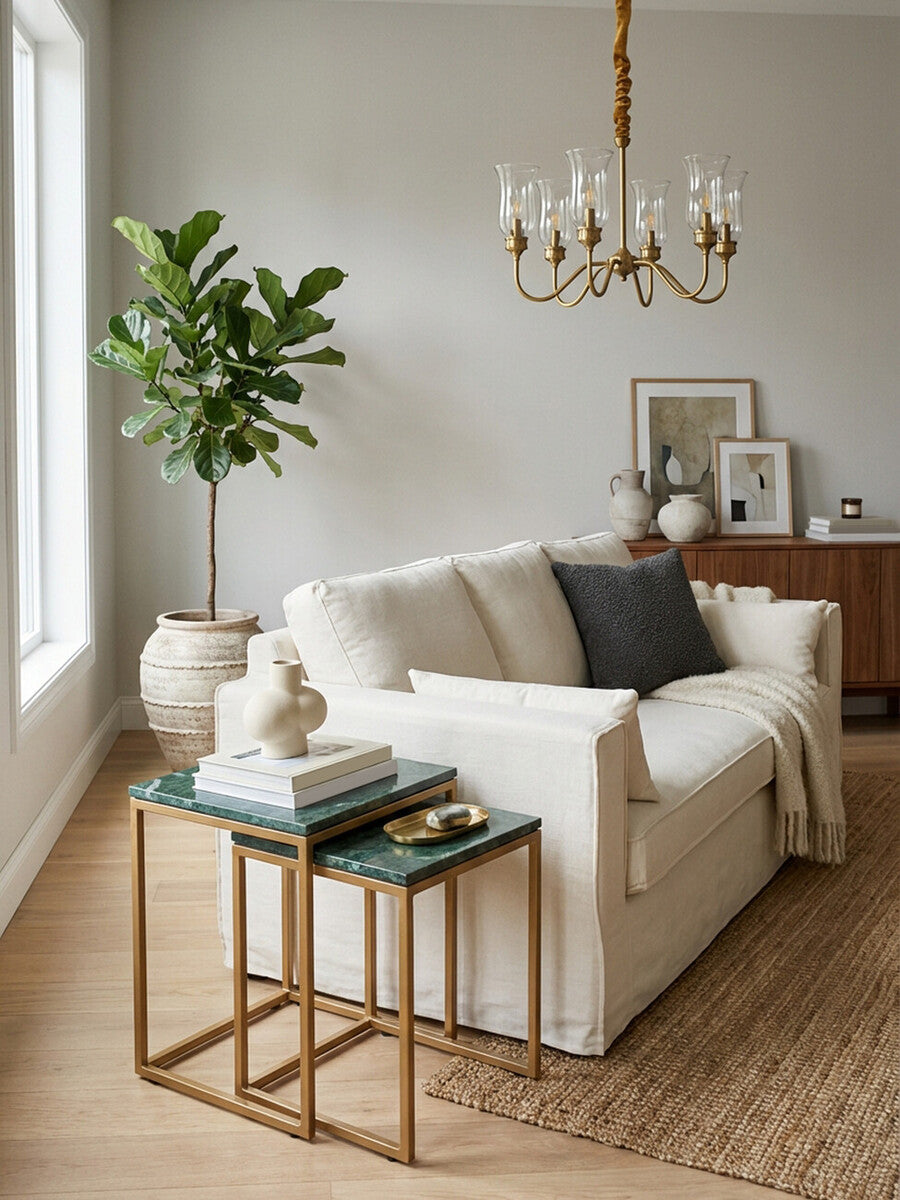 Orsina Green Marble Nesting Side Tables – Set of 2 with Gold Frame