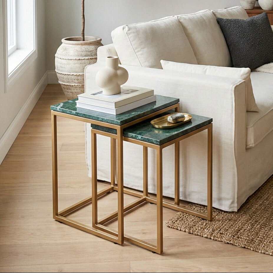 Orsina Green Marble Nesting Side Tables – Set of 2 with Gold Frame