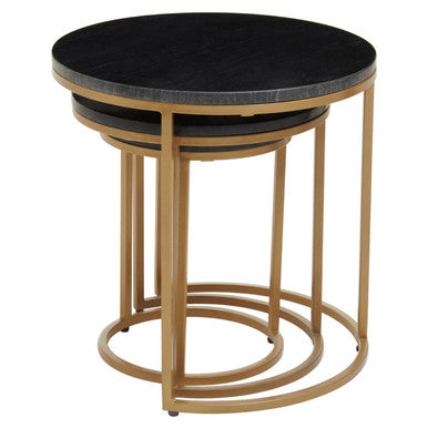 Orsina Black Marble Nesting Tables – Round Top with Matte Gold Base