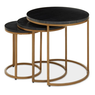 Orsina Black Marble Nesting Tables – Round Top with Matte Gold Base