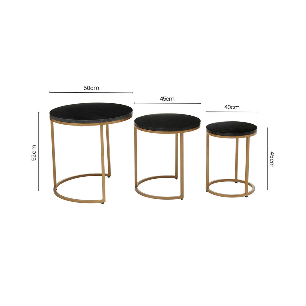 Orsina Black Marble Nesting Tables – Round Top with Matte Gold Base