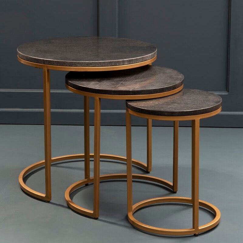 Orsina Black Marble Nesting Tables – Round Top with Matte Gold Base