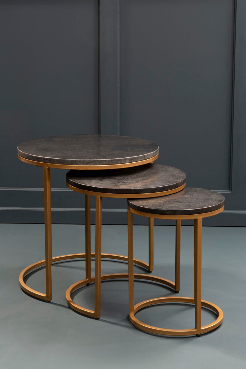Orsina Black Marble Nesting Tables – Round Top with Matte Gold Base