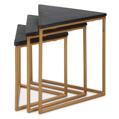 Orsina Black Marble Triangular Nesting Tables | Matte Gold Metal Frames