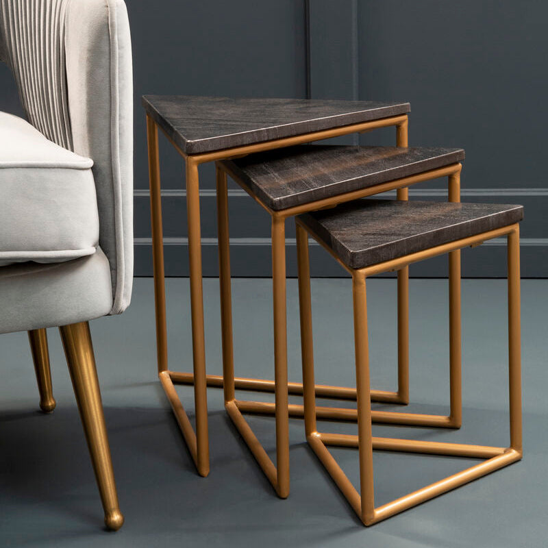 Orsina Black Marble Triangular Nesting Tables | Matte Gold Metal Frames