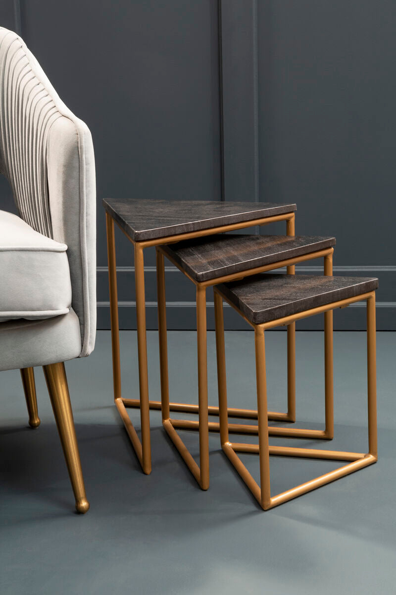 Orsina Black Marble Triangular Nesting Tables | Matte Gold Metal Frames