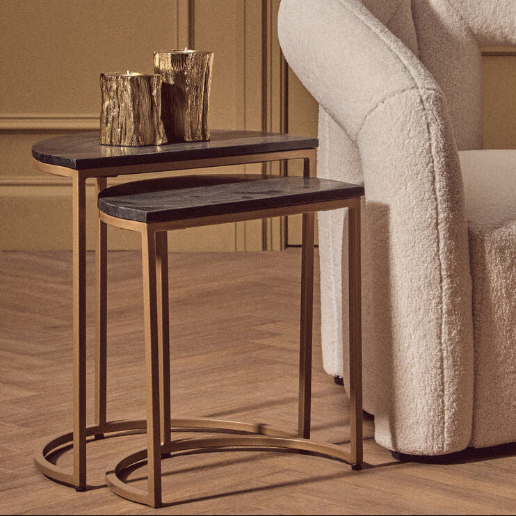 Orsina Varana Half Moon Black Marble Nesting Tables | Gold Metal Base