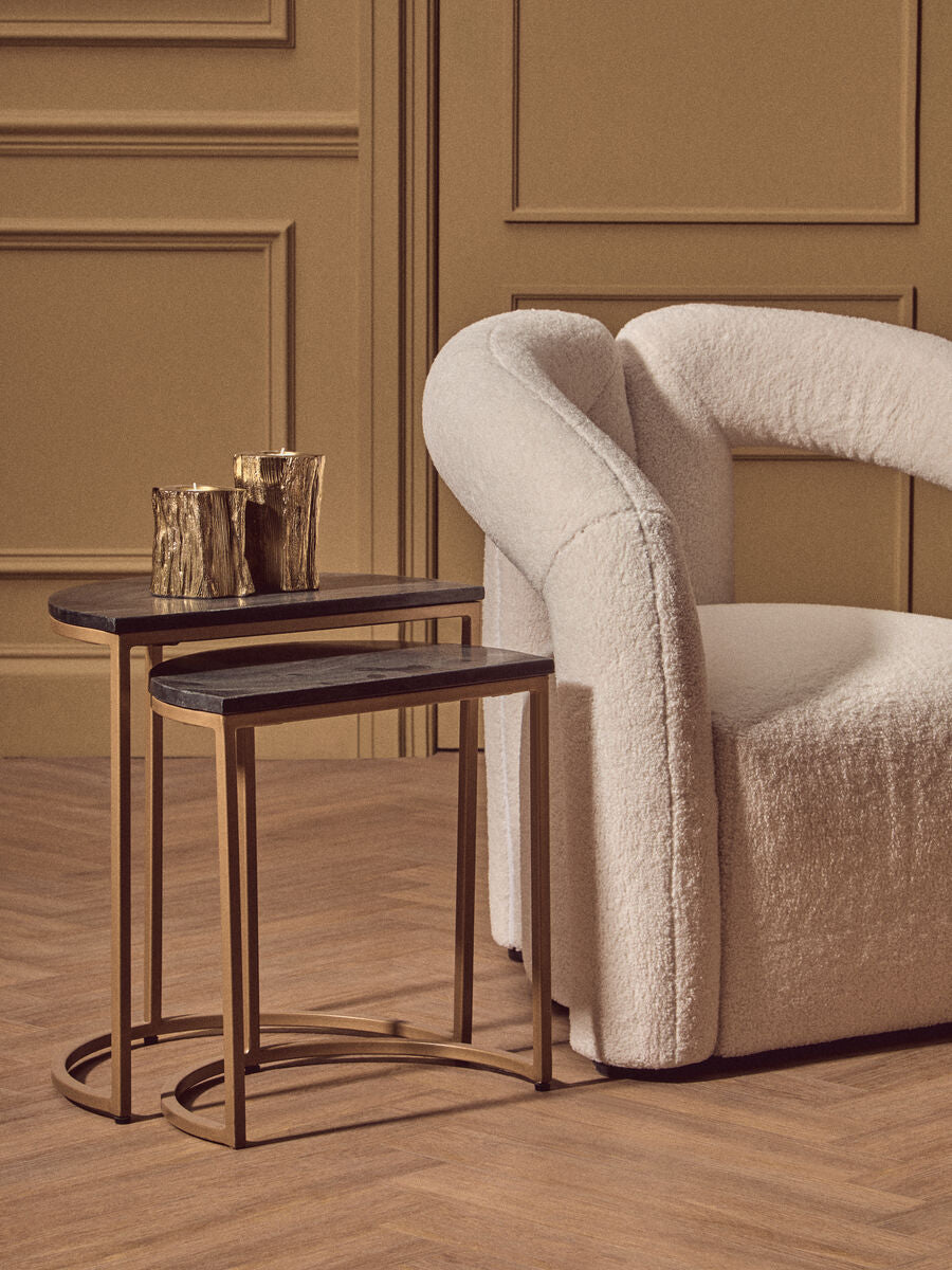 Orsina Varana Half Moon Black Marble Nesting Tables | Gold Metal Base
