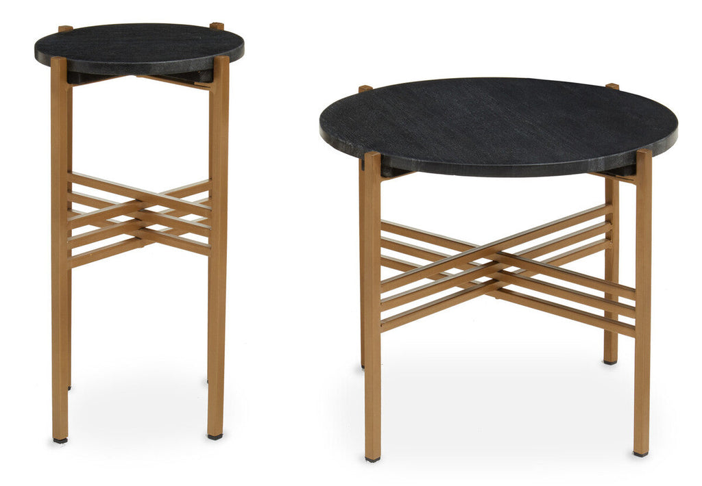 Orsina Black Marble Round Side Tables - Set of 2 Gold Geometric Base