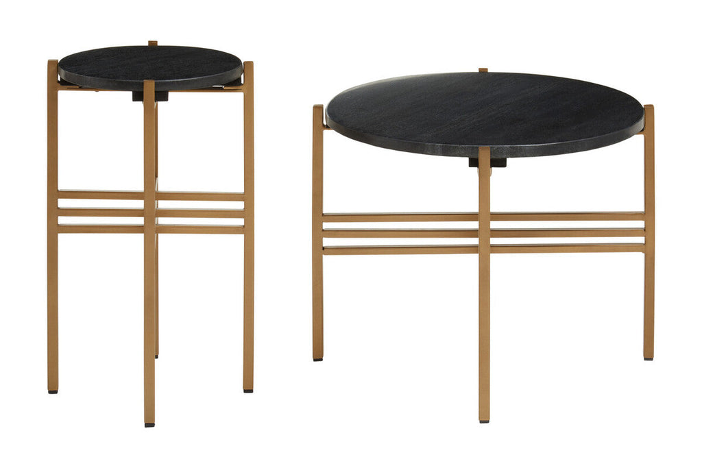 Orsina Black Marble Round Side Tables - Set of 2 Gold Geometric Base