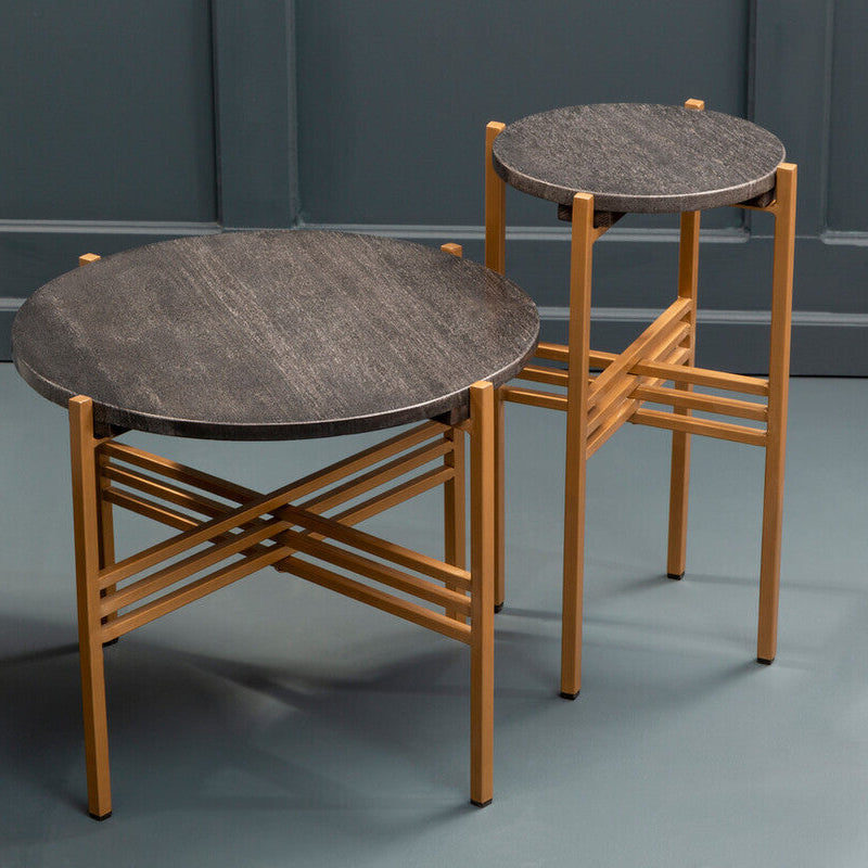 Orsina Black Marble Round Side Tables - Set of 2 Gold Geometric Base