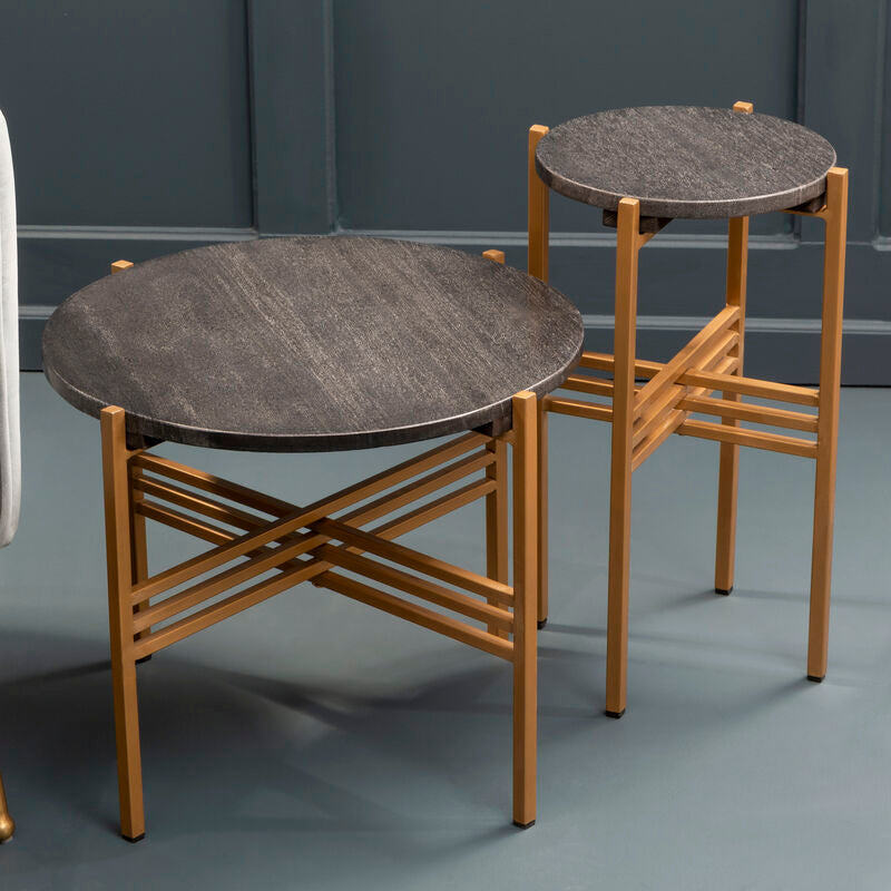 Orsina Black Marble Round Side Tables - Set of 2 Gold Geometric Base