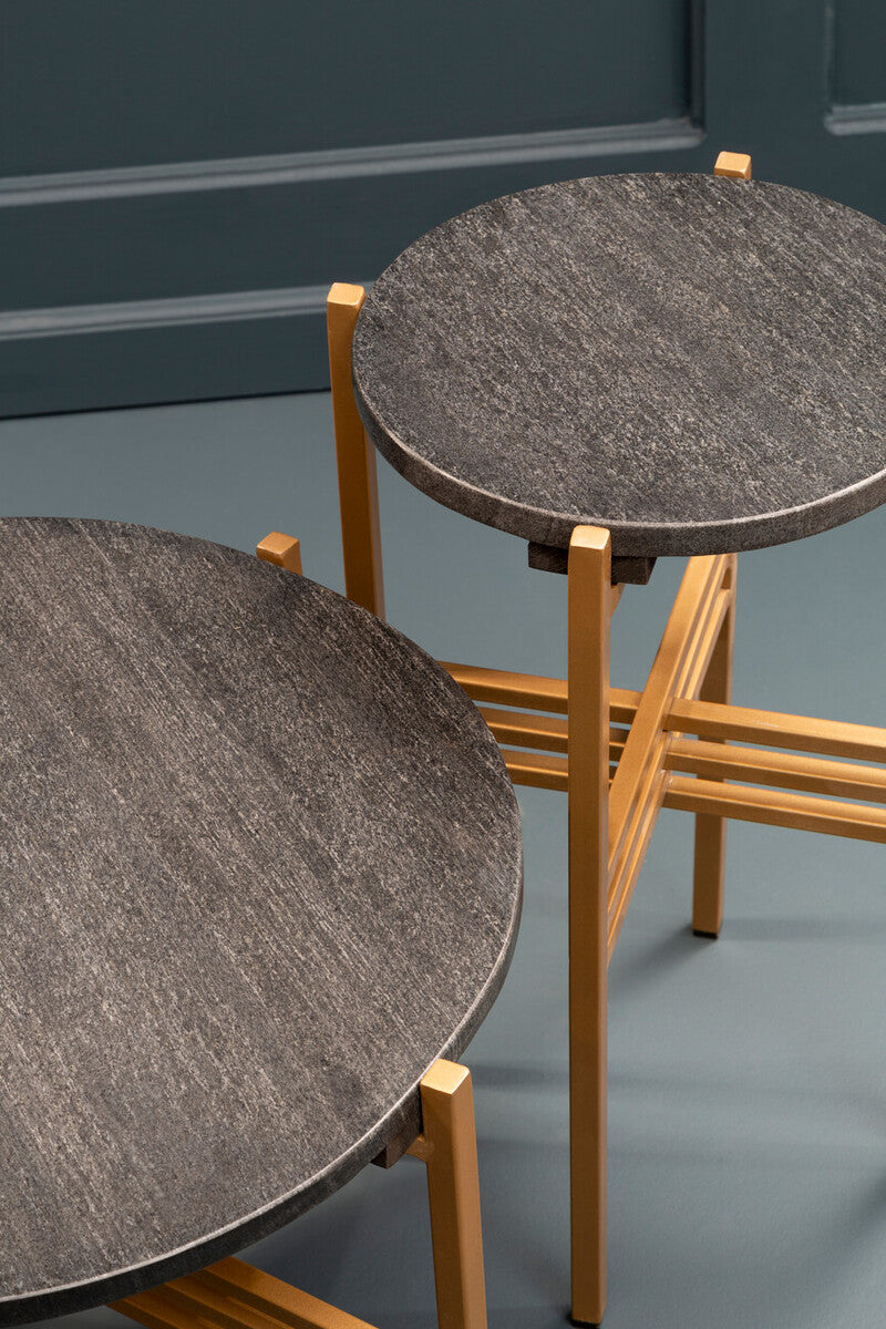 Orsina Black Marble Round Side Tables - Set of 2 Gold Geometric Base
