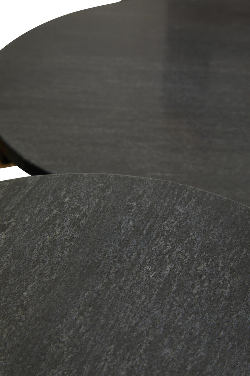 Orsina Black Marble Round Side Tables - Set of 2 Gold Geometric Base