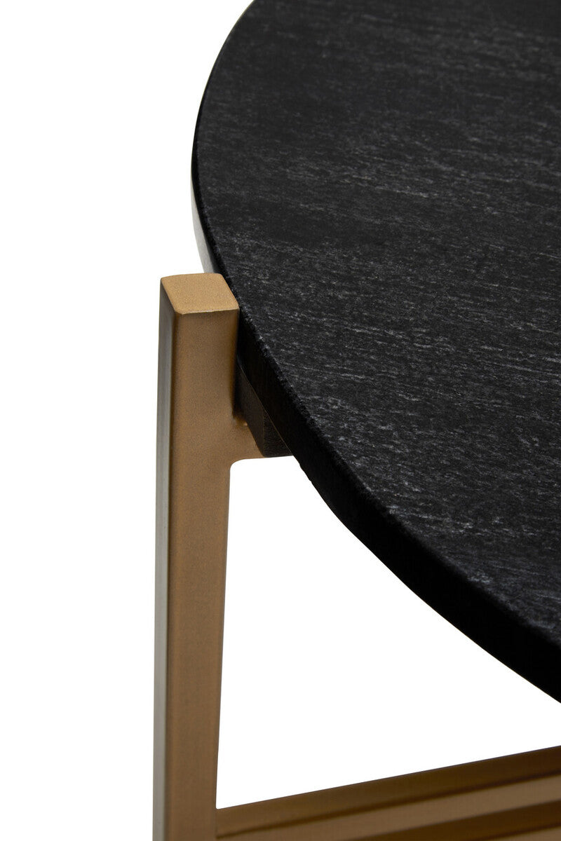 Orsina Black Marble Round Side Tables - Set of 2 Gold Geometric Base