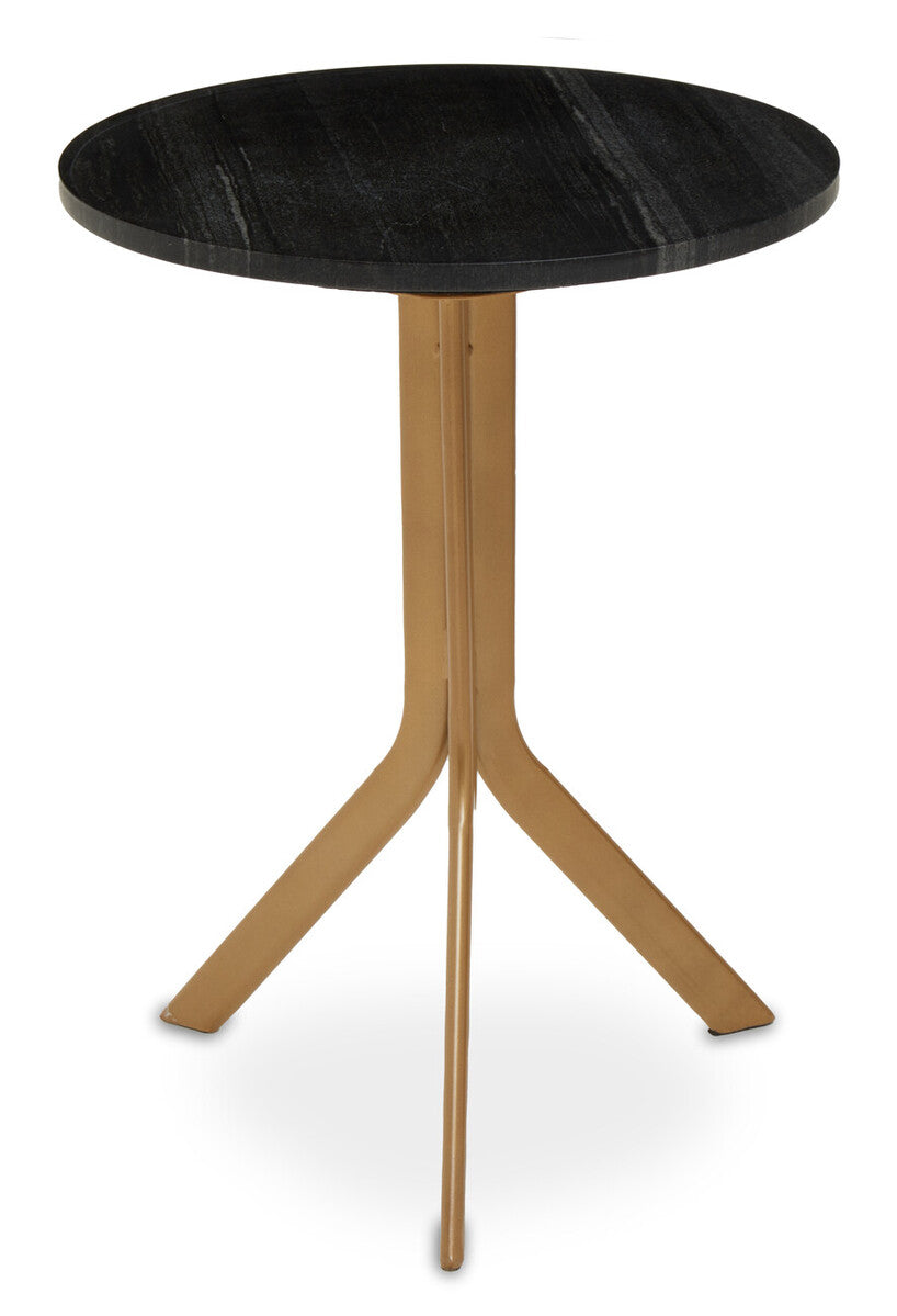 Orsina Varana Round Black Marble Side Table with Gold Tripod Base