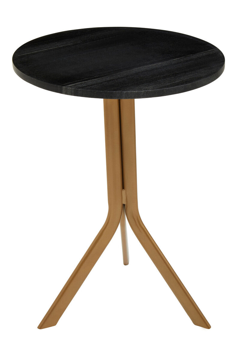 Orsina Varana Round Black Marble Side Table with Gold Tripod Base