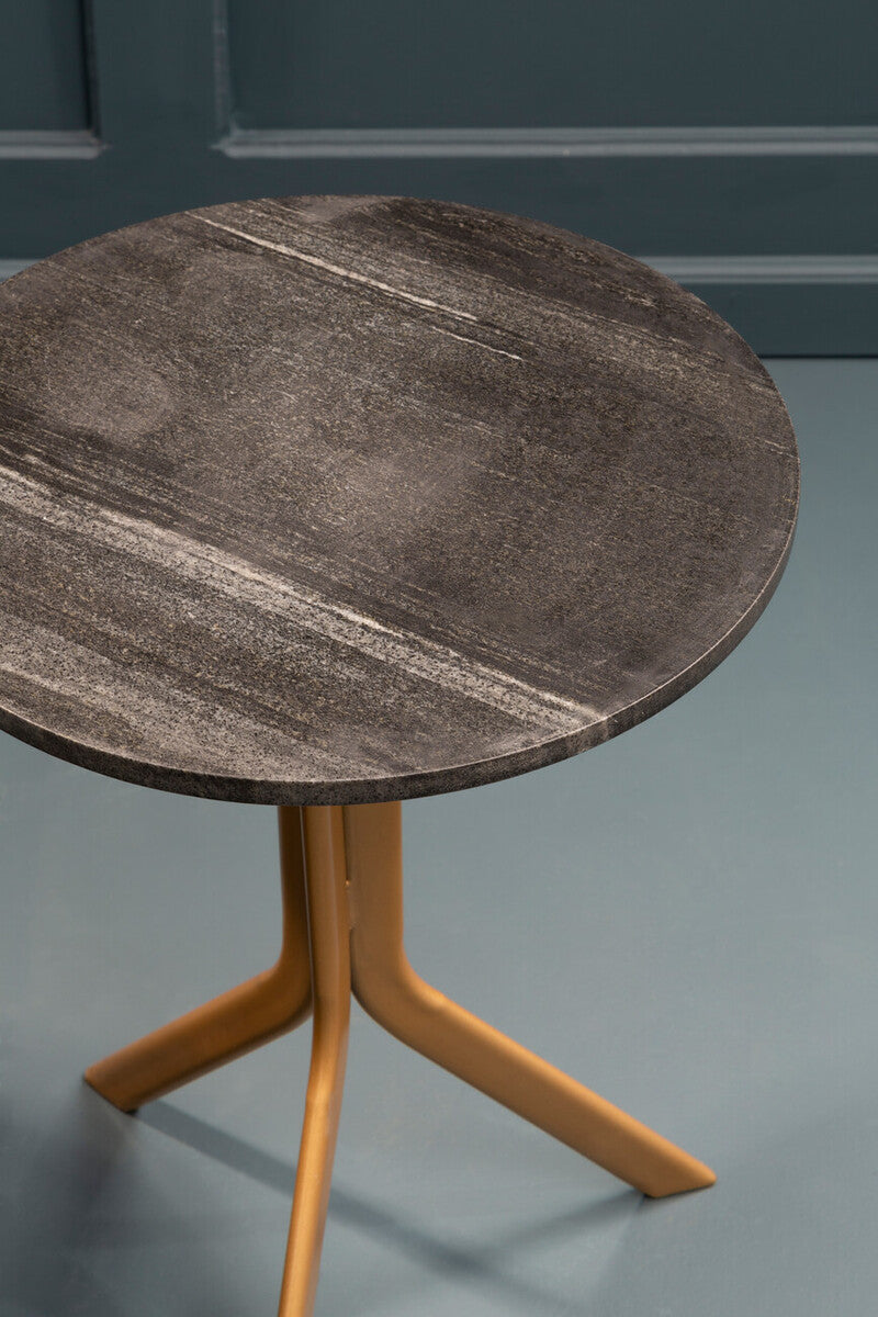 Orsina Varana Round Black Marble Side Table with Gold Tripod Base