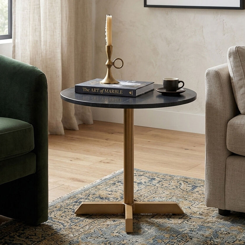 Orsina Varana Black Marble Round Side Table with Gold Cross Base