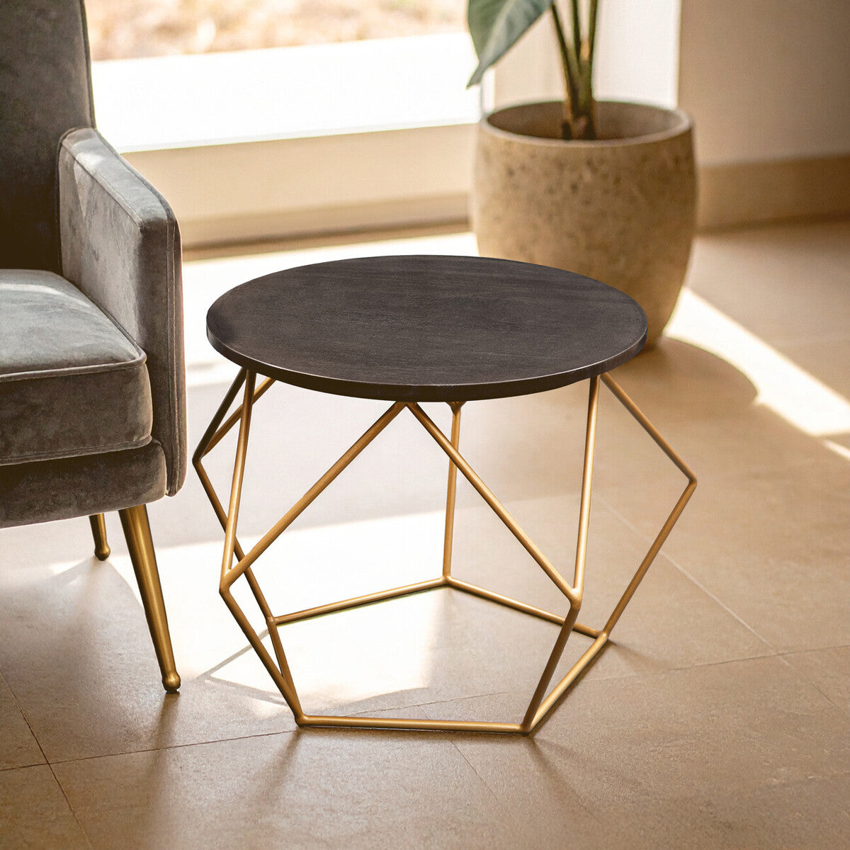 Orsina Varana Round Black Marble Coffee Table | Matte Gold Frame