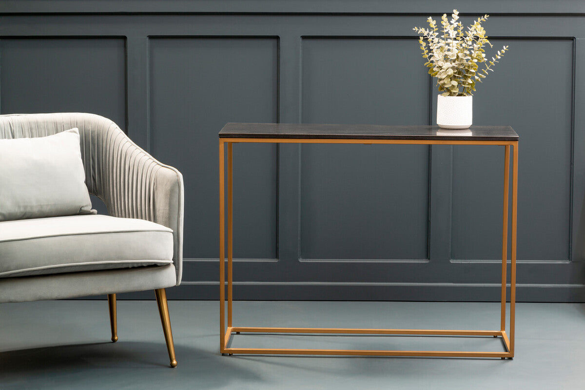 Orsina Varana Black Marble Console Table | Matte Gold Metal Frame