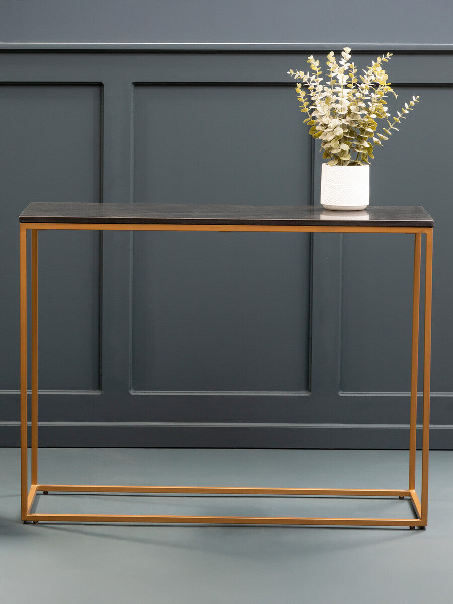 Orsina Varana Black Marble Console Table | Matte Gold Metal Frame