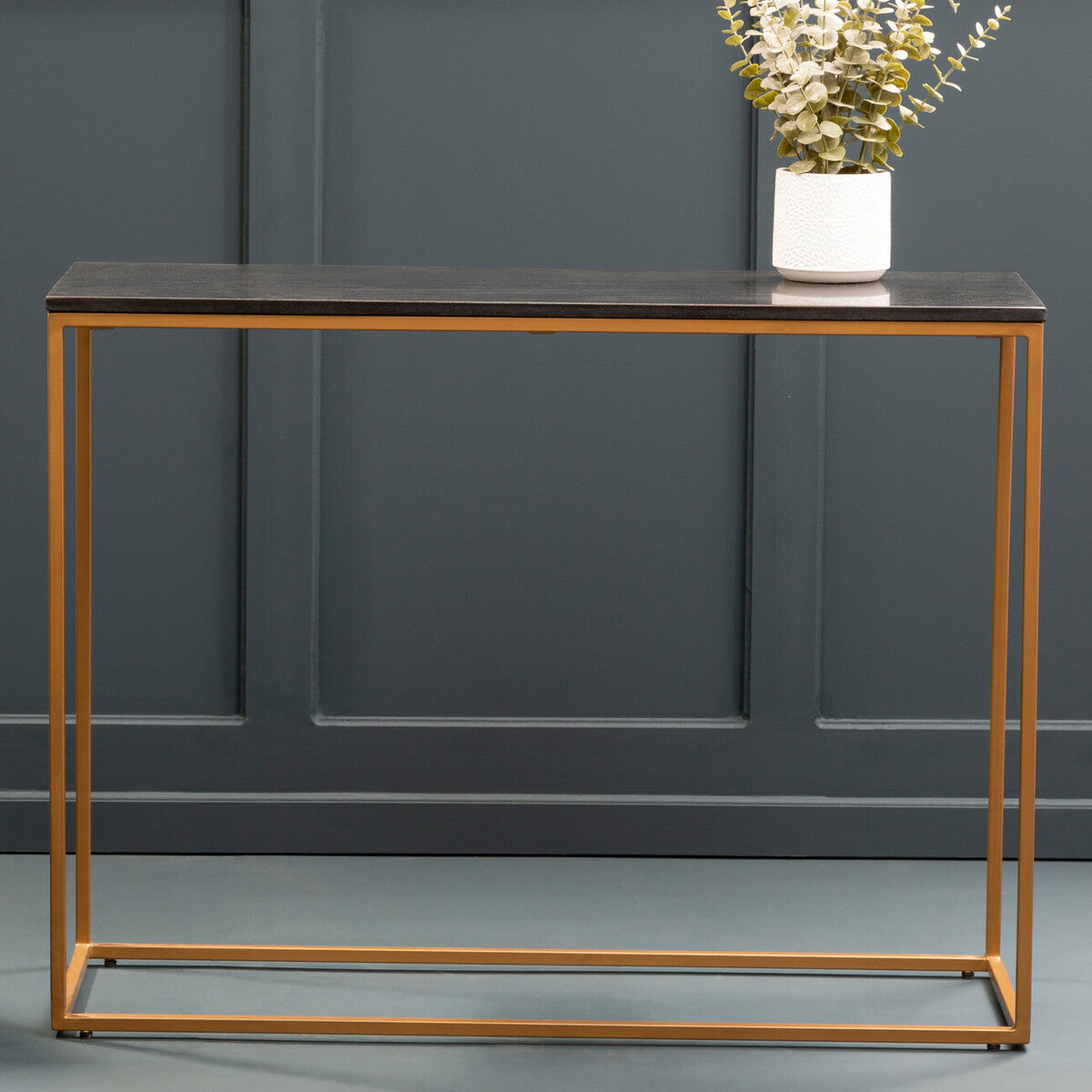 Orsina Varana Black Marble Console Table | Matte Gold Metal Frame