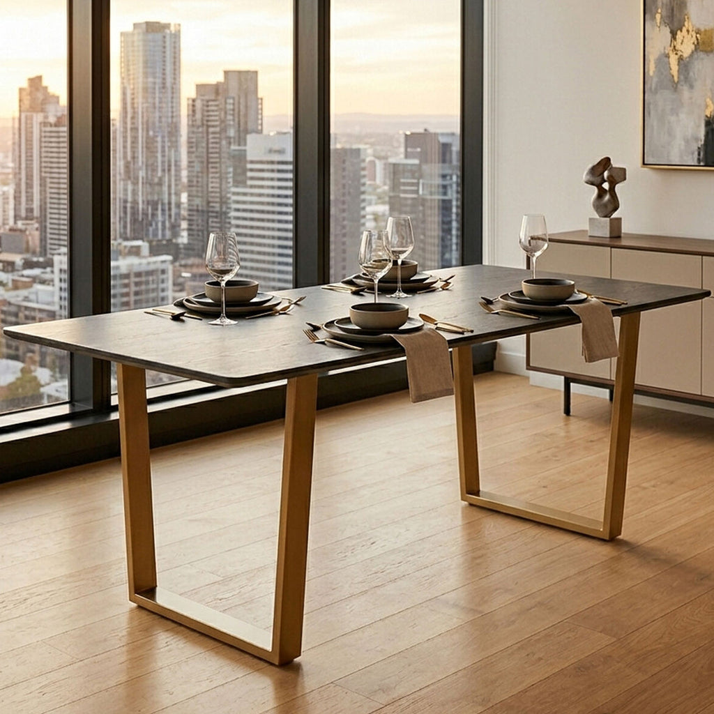 Orsina Varana Black Marble Dining Table | Gold Geometric Steel Base