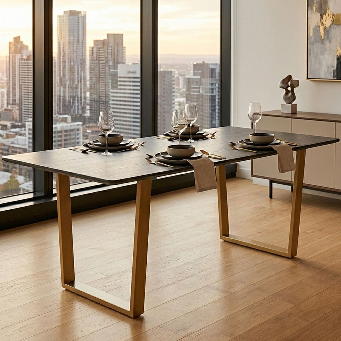 Orsina Varana Black Marble Dining Table | Gold Geometric Steel Base
